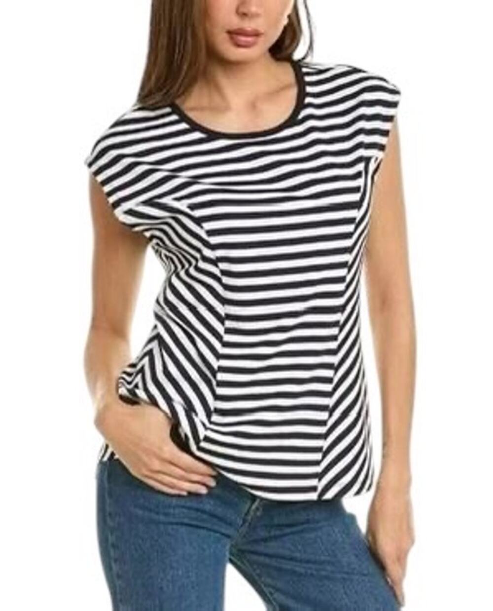 CAbi #6337 Illusion Shirt Navy Blue & White Cap Sleeve Top Size Medium